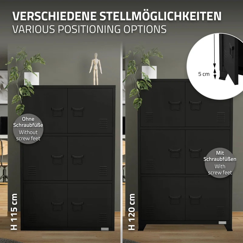 Büroschrank mit drei Ebenen Magnetverschluss 75x40x120 cm Schwarz aus Stahl ML-Design