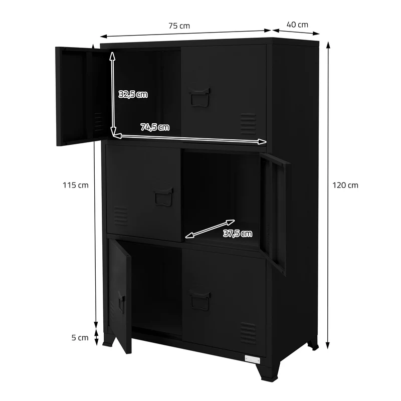 Büroschrank mit drei Ebenen Magnetverschluss 75x40x120 cm Schwarz aus Stahl ML-Design