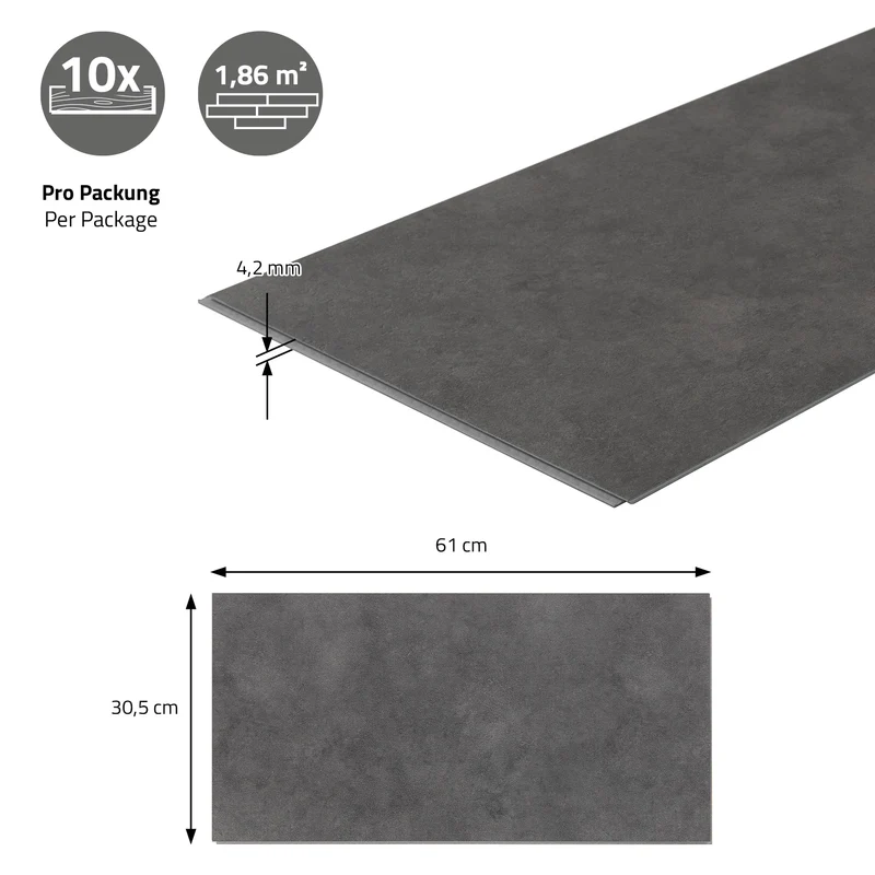 ML-DESIGN | Vinylboden Klick 10 Stück Klicksystem mit Belastungsklasse 34, 61 x 30,5 cm x 4,2 mm 1,86m² PVC Grau Zement Dunkel Bodenbelag Betonoptik