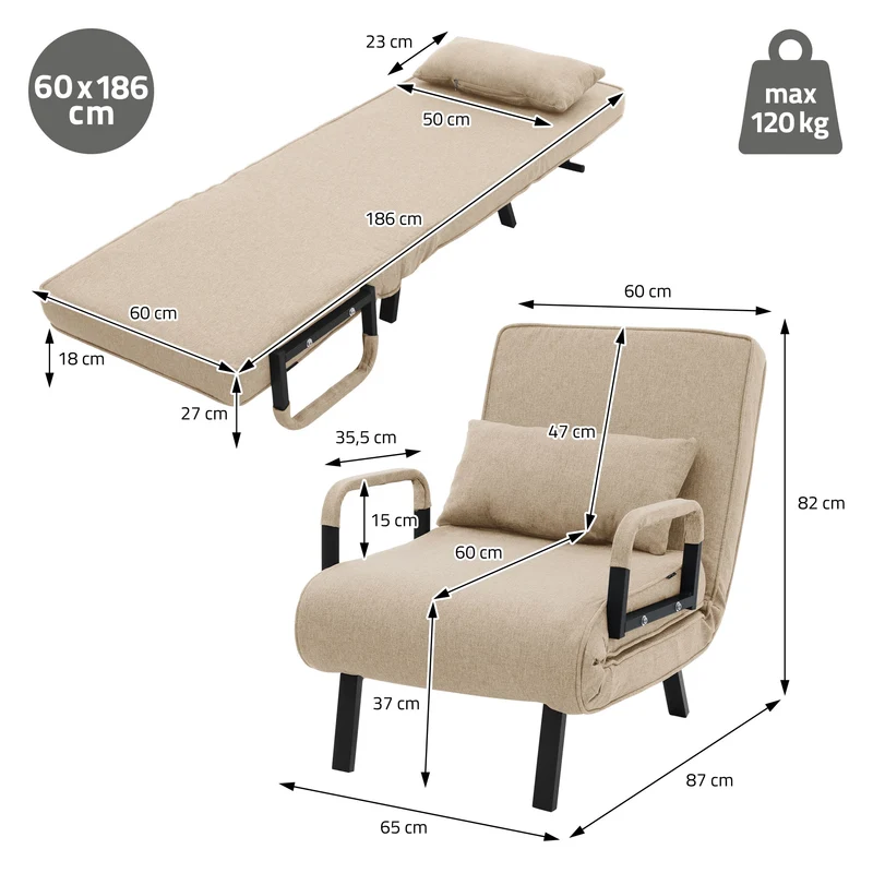 ML-DESIGN | Schlafsessel mit Bettfunktion 186x60 cm aus Stahl/Chenille Sessel mit Schlaffunktion klappbar Bettsessel Klappsessel Schlafsofa