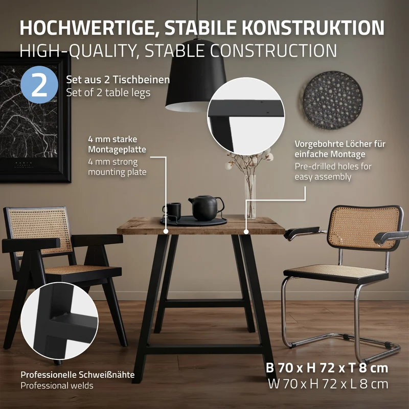 B-Ware Tischbeine 2er Set A-Design 70x72 cm Schwarz aus pulverbeschichtetem Stahl