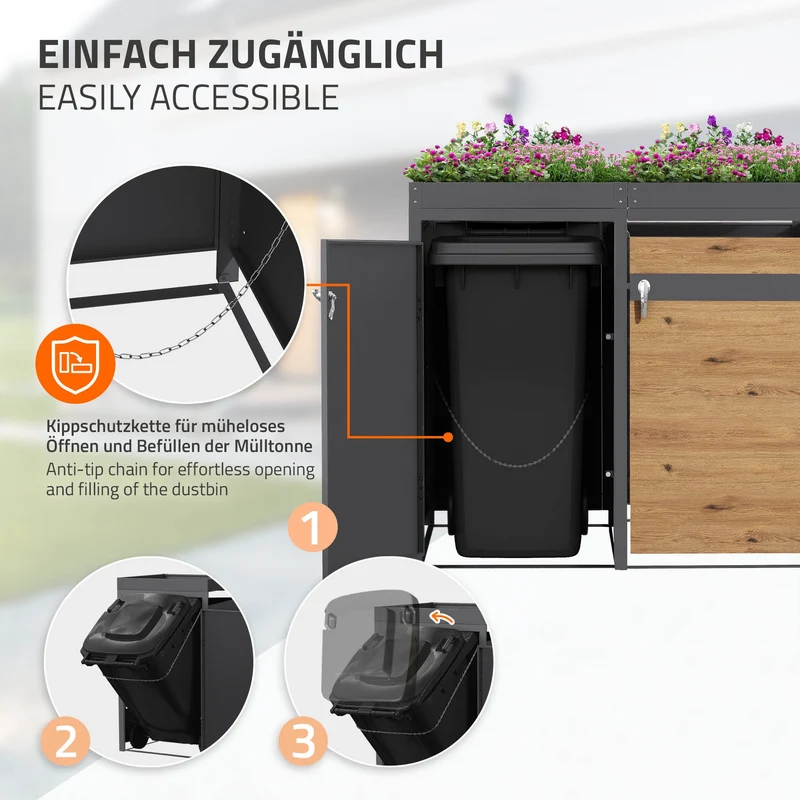 Mülltonnenbox mit Pflanzdach 3er bis 240L 200x80x124 cm aus Stahl in Eichenoptik ML-Design