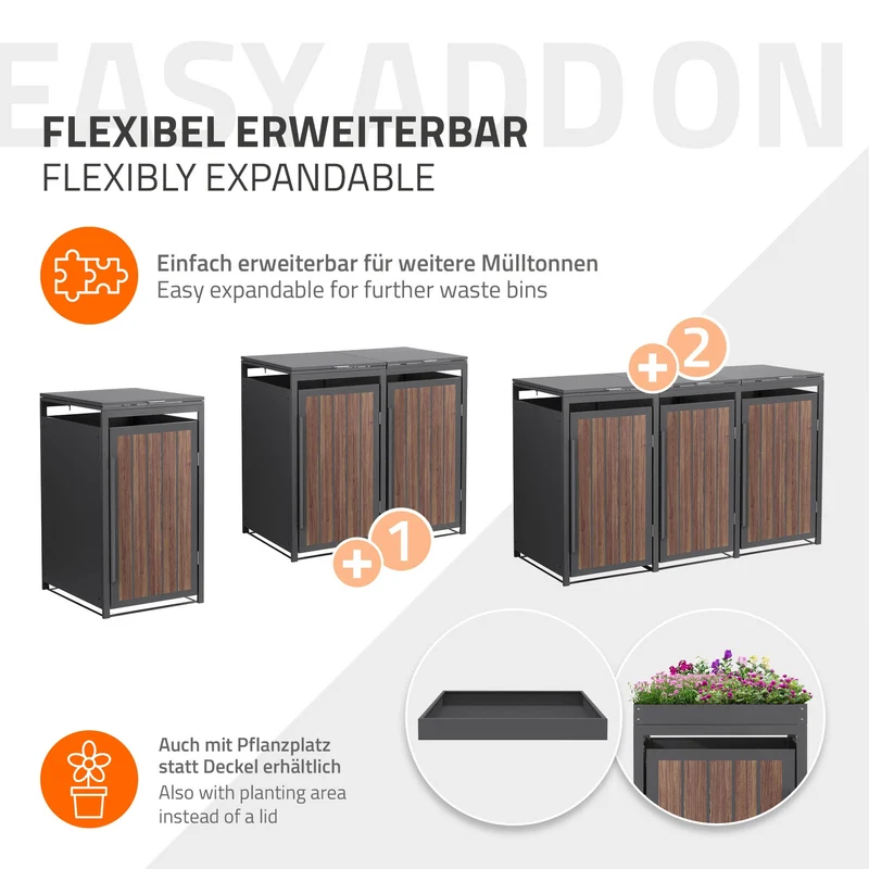 Mülltonnenbox 1er bis 240 Liter 68x80x120 cm aus Stahl in Anthrazit-Eiche dunkel ML-Design