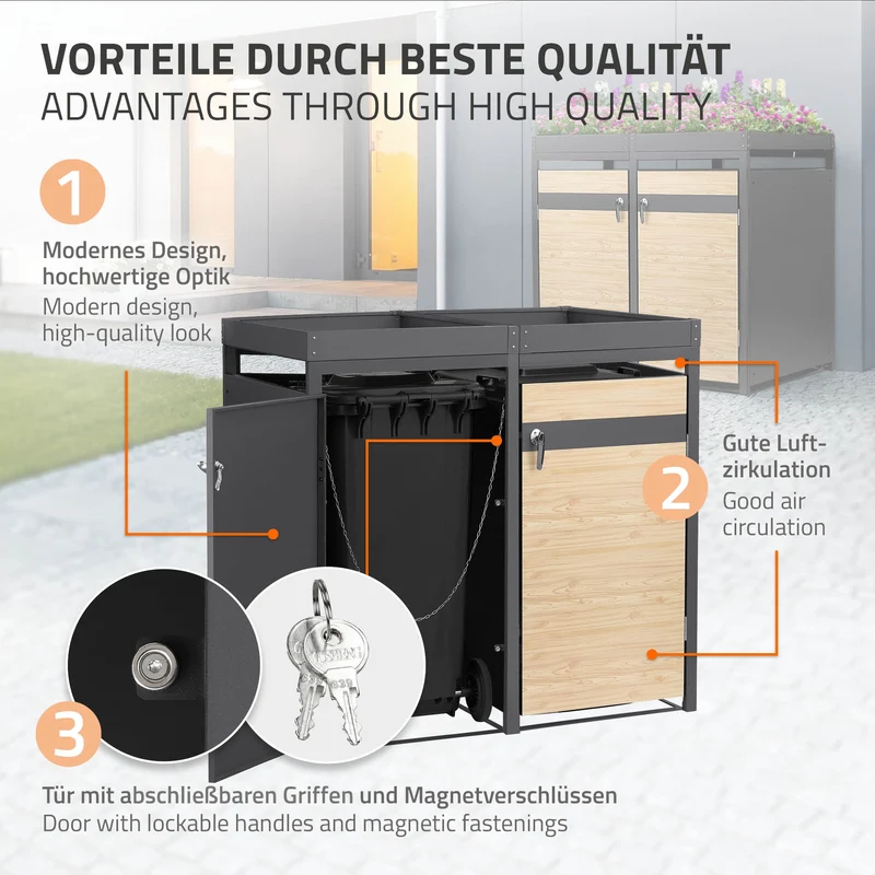 Mülltonnenbox mit Pflanzdach 4er bis 240L 264x80x124 cm aus Stahl in Lärchenoptik ML-Design