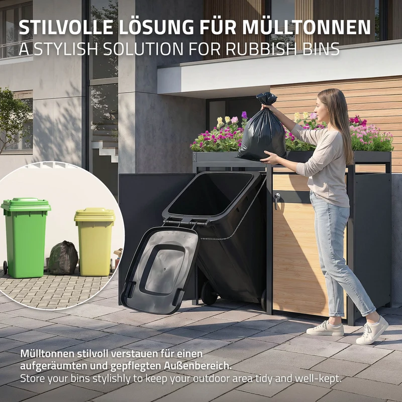 Mülltonnenbox mit Pflanzdach 4er bis 240L 264x80x124 cm aus Stahl in Lärchenoptik ML-Design