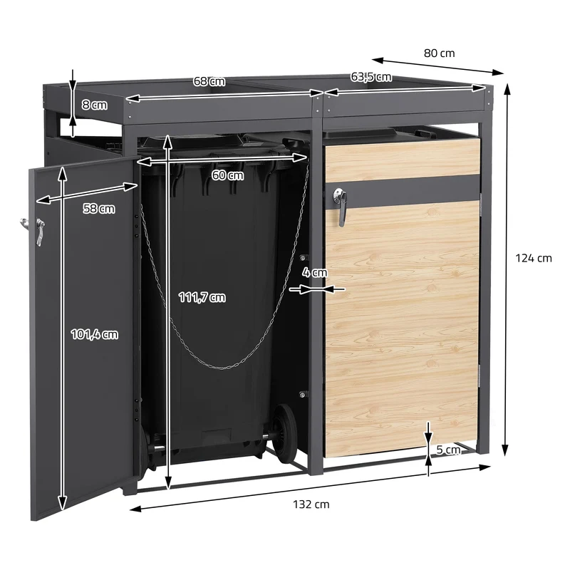 Mülltonnenbox mit Pflanzdach 4er bis 240L 264x80x124 cm aus Stahl in Lärchenoptik ML-Design