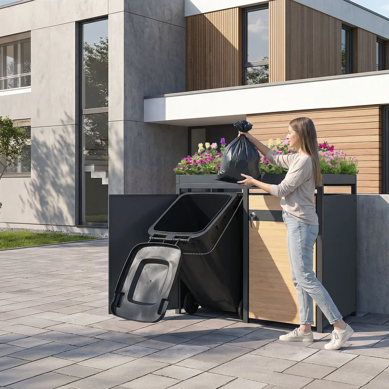 Mülltonnenbox mit Pflanzdach 4er bis 240L 264x80x124 cm aus Stahl in Lärchenoptik ML-Design