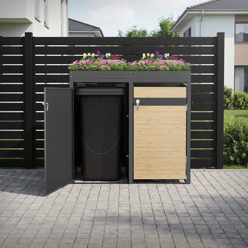 Mülltonnenbox mit Pflanzdach 2er bis 240L 132x80x124 cm aus Stahl in Lärchenoptik ML-Design