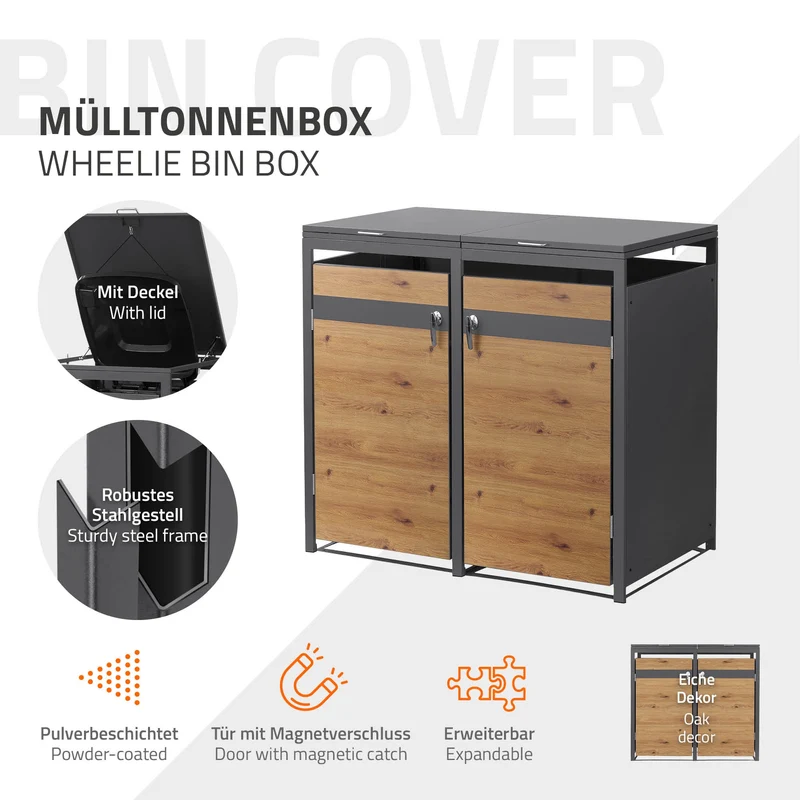 Mülltonnenbox 2er bis 240L 132x80x120 cm aus Stahl in Eichenoptik ML-Design