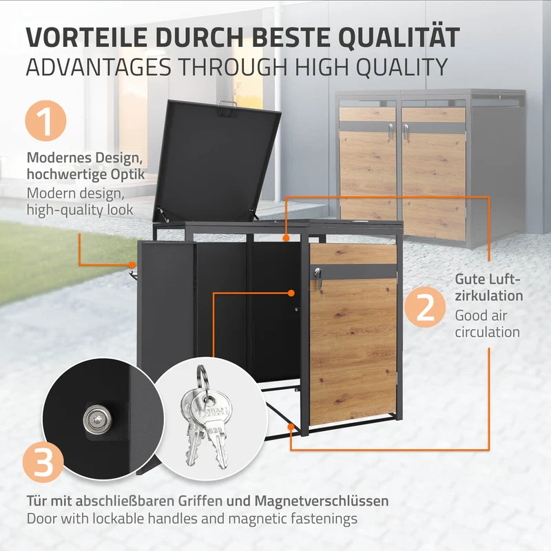 Mülltonnenbox 2er bis 240L 132x80x120 cm aus Stahl in Eichenoptik ML-Design
