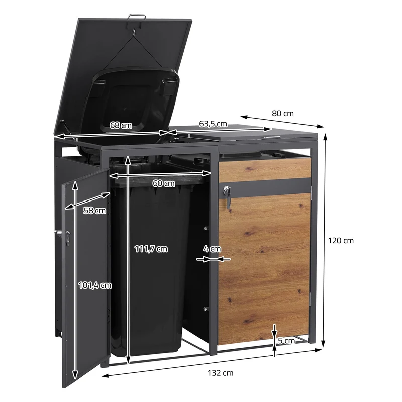 Mülltonnenbox 2er bis 240L 132x80x120 cm aus Stahl in Eichenoptik ML-Design