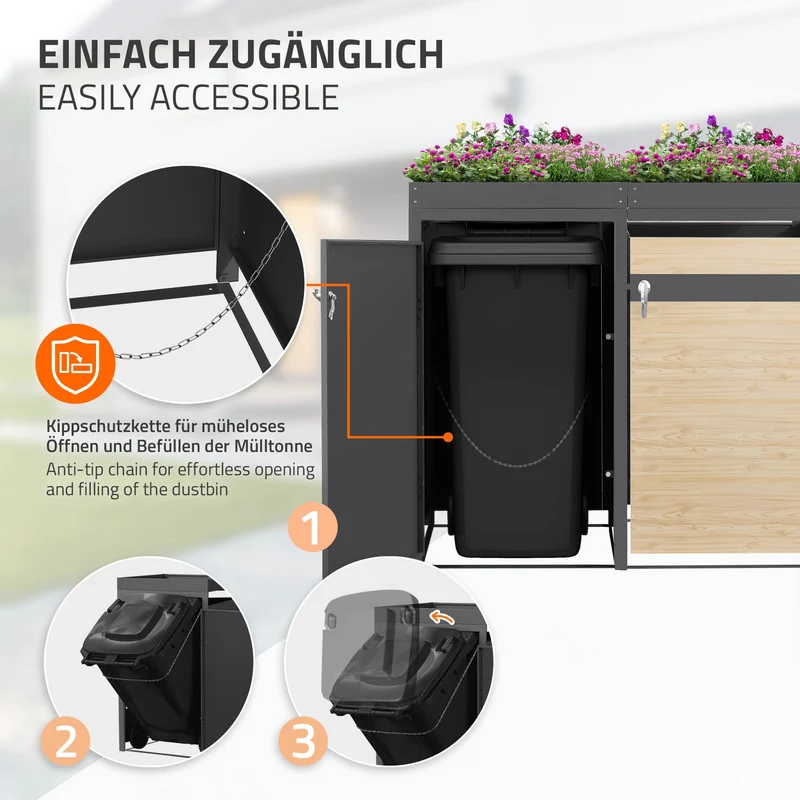 Mülltonnenbox mit Pflanzdach 3er bis 240L 200x80x124 cm aus Stahl in Lärchenoptik ML-Design