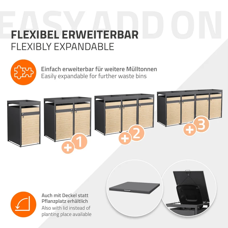 Mülltonnenbox mit Pflanzdach 3er bis 240L 200x80x124 cm aus Stahl in Lärchenoptik ML-Design