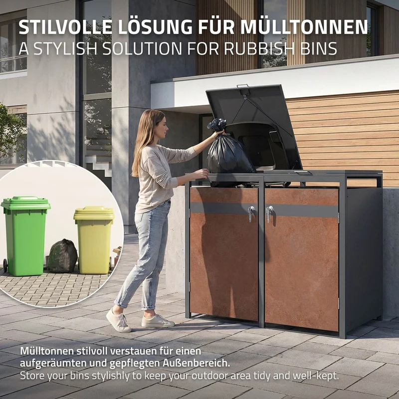 Mülltonnenbox 4er bis 240L 264x80x120 cm aus Stahl in Rostoptik ML-Design