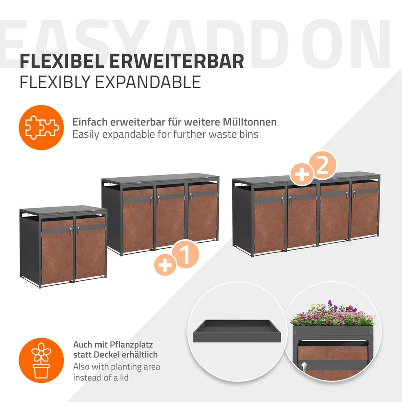 Mülltonnenbox 4er bis 240L 264x80x120 cm aus Stahl in Rostoptik ML-Design