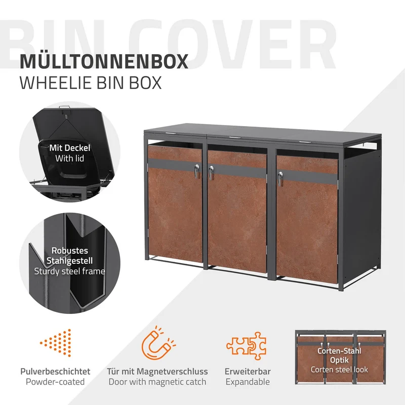 Mülltonnenbox 3er bis 240L 200x80x120 cm aus Stahl in Rostoptik ML-Design