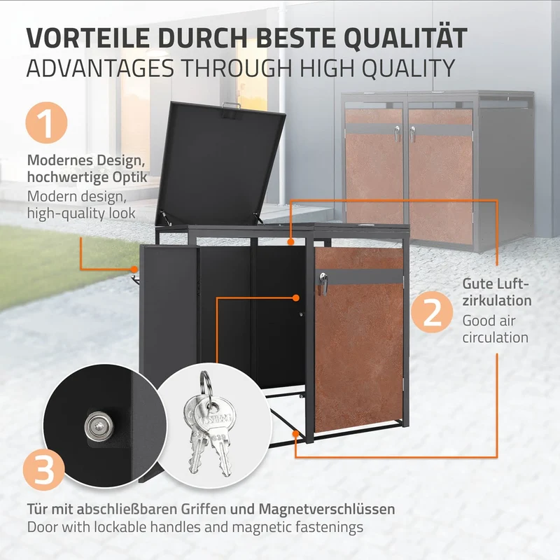 Mülltonnenbox 3er bis 240L 200x80x120 cm aus Stahl in Rostoptik ML-Design