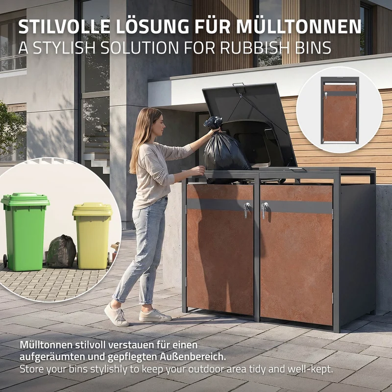 Mülltonnenbox 3er bis 240L 200x80x120 cm aus Stahl in Rostoptik ML-Design