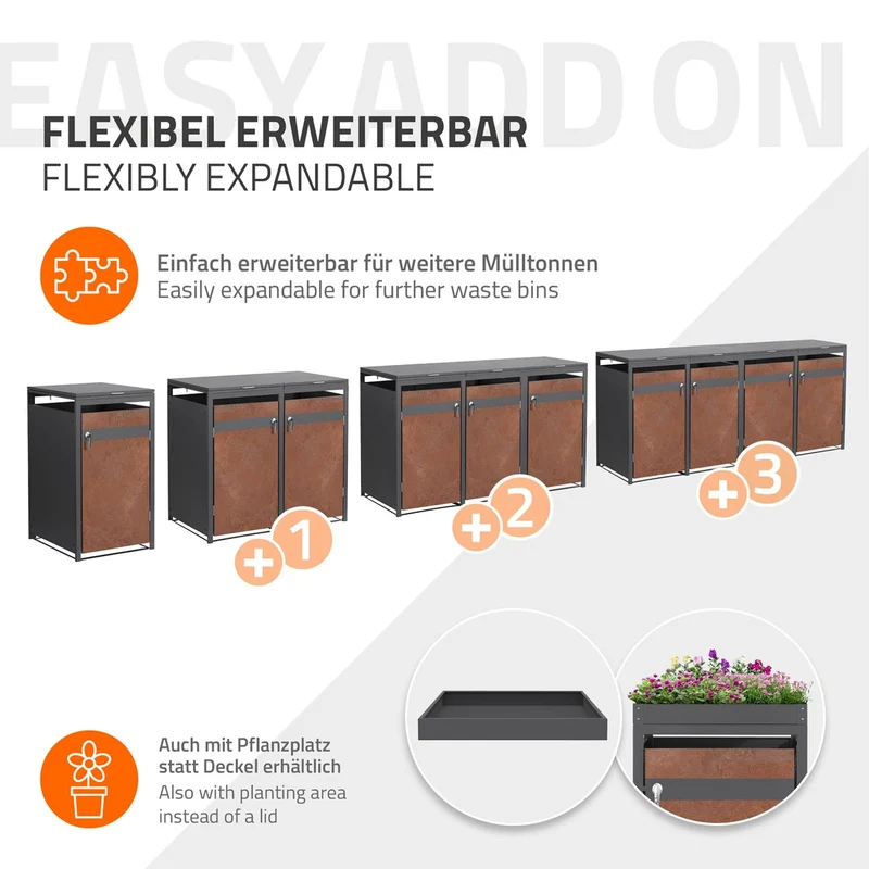 Mülltonnenbox 3er bis 240L 200x80x120 cm aus Stahl in Rostoptik ML-Design