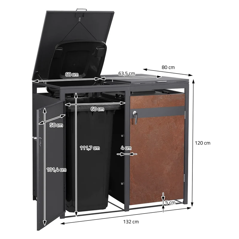 Mülltonnenbox 3er bis 240L 200x80x120 cm aus Stahl in Rostoptik ML-Design