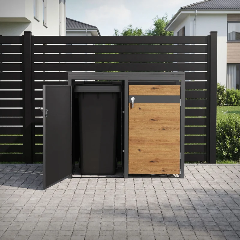 Mülltonnenbox 4er bis 240L 264x80x120 cm aus Stahl in Eichenoptik ML-Design