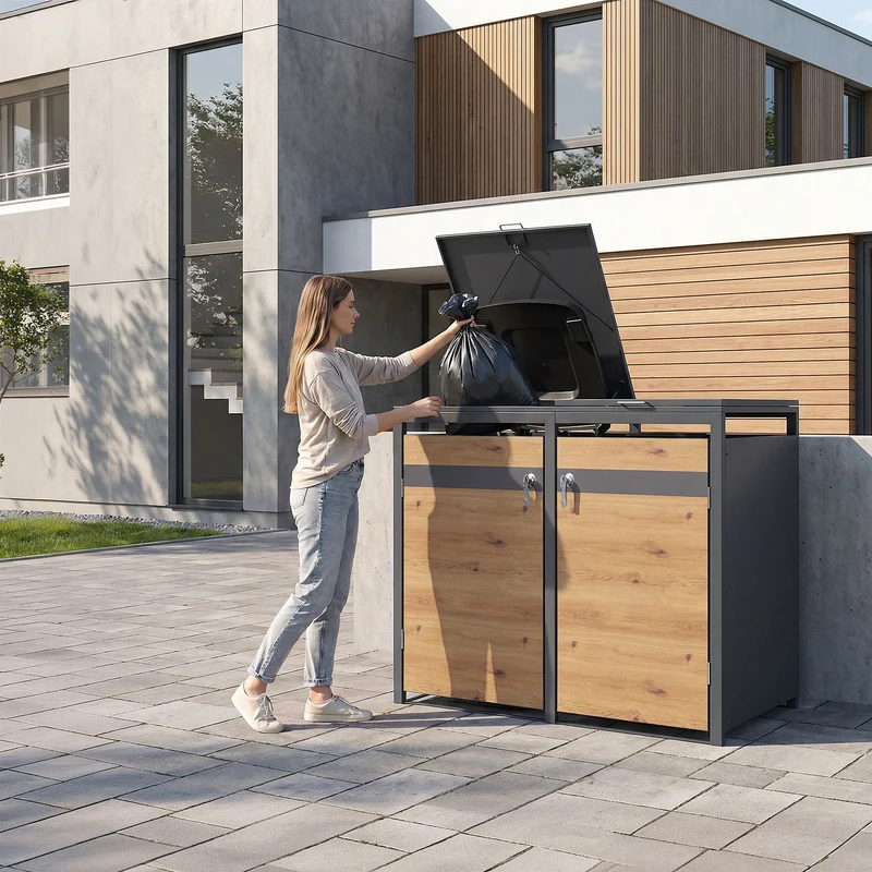 Mülltonnenbox 4er bis 240L 264x80x120 cm aus Stahl in Eichenoptik ML-Design