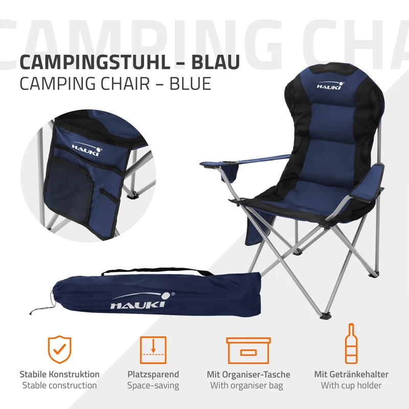 B-Ware Campingstuhl faltbar bis 150 kg Blau mit Getränkehalterung inkl. Tragetasche Hauki