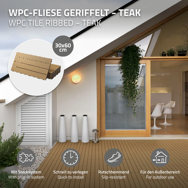 Terrassenfliesen 60x30 cm 6er Set für 1m² Teak aus WPC