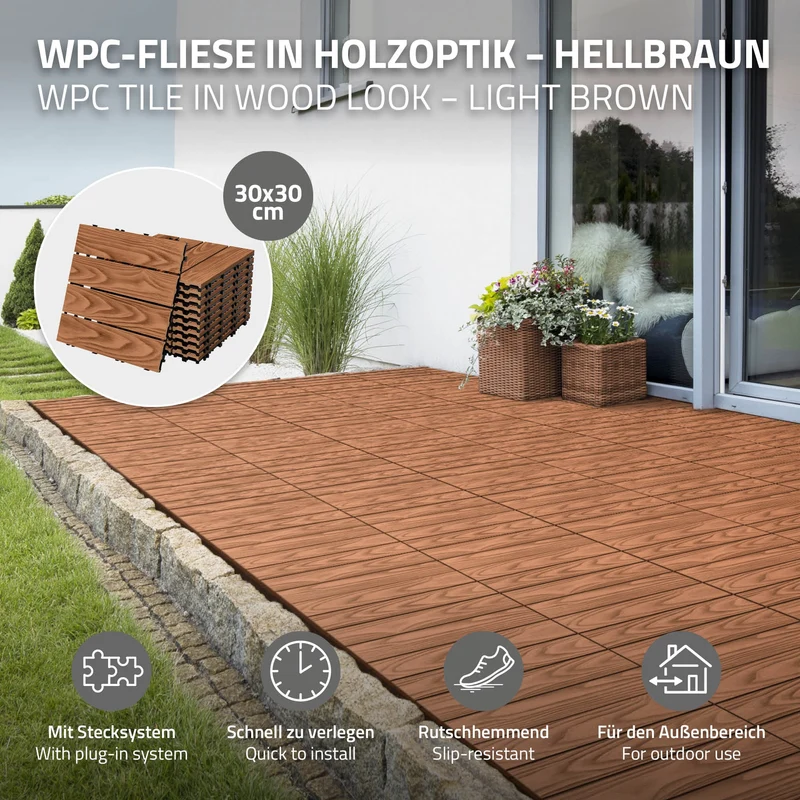 4x WPC Terrassenfliesen 30x30 cm 11er Spar Set für 1m² Hellbraun in Holzoptik Bodenbelag mit Drainage und Klicksystem