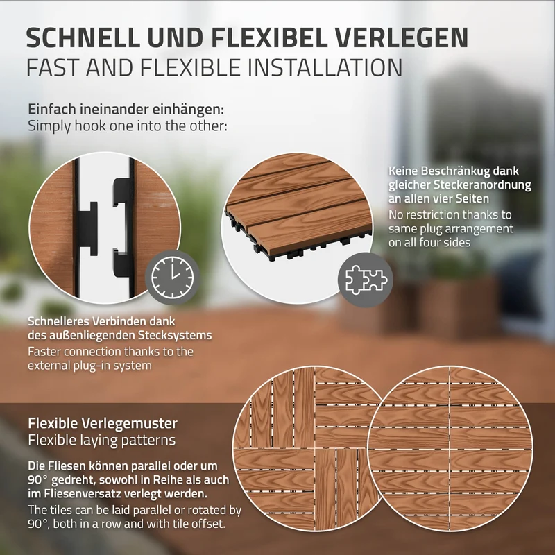 5x WPC Terrassenfliesen 30x30 cm 11er Spar Set für 1m² Hellbraun in Holzoptik Bodenbelag mit Drainage und Klicksystem