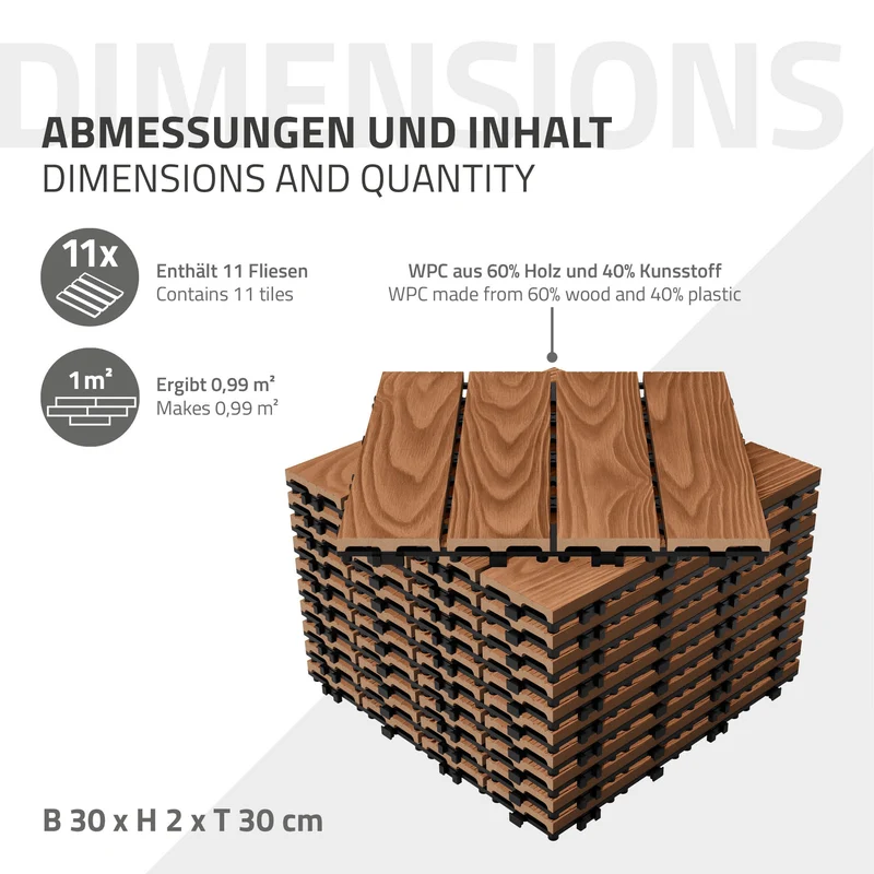 5x WPC Terrassenfliesen 30x30 cm 11er Spar Set für 1m² Hellbraun in Holzoptik Bodenbelag mit Drainage und Klicksystem