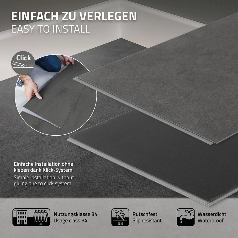 ML-DESIGN | Vinylboden Klick 40 Stück Klicksystem mit Belastungsklasse 34, 61 x 30,5 cm x 4,2 mm 7,44m² PVC Grau Zement Dunkel Bodenbelag Betonoptik