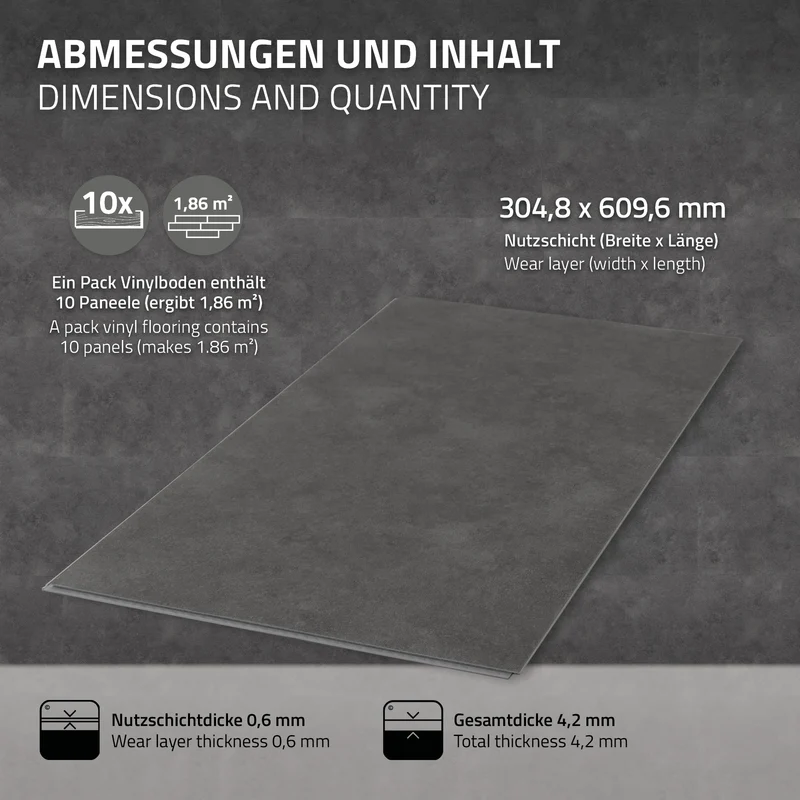 ML-DESIGN | Vinylboden Klick 30 Stück Klicksystem mit Belastungsklasse 34, 61 x 30,5 cm x 4,2 mm 5,58m² PVC Grau Zement Dunkel Bodenbelag Betonoptik