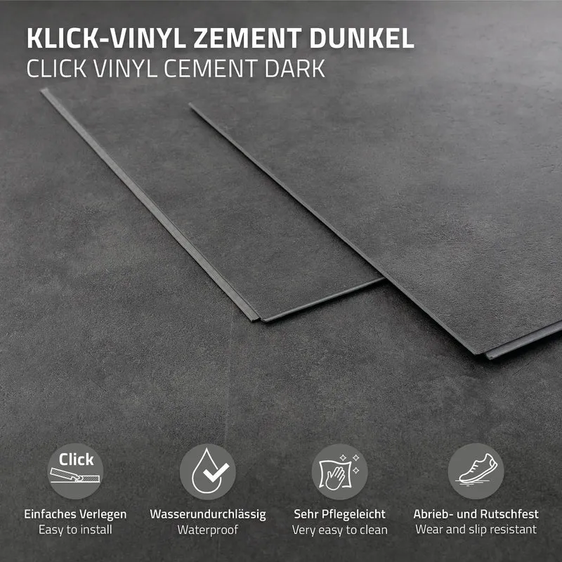 ML-DESIGN | Vinylboden Klick 20 Stück Klicksystem mit Belastungsklasse 34, 61 x 30,5 cm x 4,2 mm 3,72m² PVC Grau Zement Dunkel Bodenbelag Betonoptik