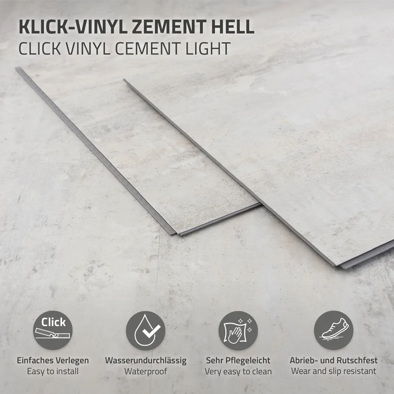 ML-DESIGN | Vinylboden Klick 20 Stück Klicksystem mit Belastungsklasse 34, 61 x 30,5 cm x 4,2 mm 3,72m² PVC Grau Zement Hell Bodenbelag Betonoptik
