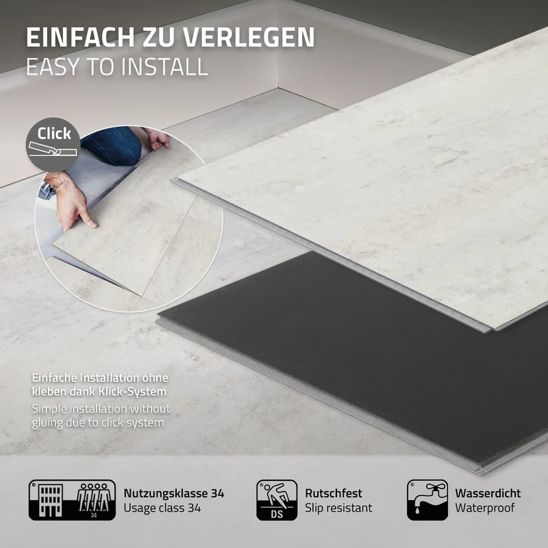 ML-DESIGN | Vinylboden Klick 20 Stück Klicksystem mit Belastungsklasse 34, 61 x 30,5 cm x 4,2 mm 3,72m² PVC Grau Zement Hell Bodenbelag Betonoptik