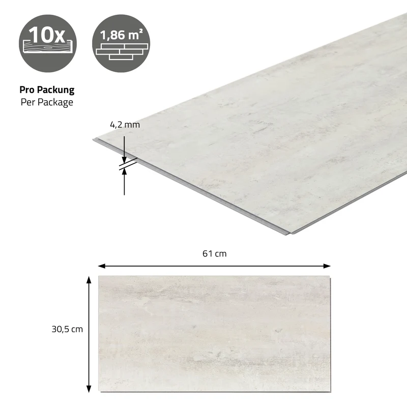 ML-DESIGN | Vinylboden Klick 10 Stück Klicksystem mit Belastungsklasse 34, 61 x 30,5 cm x 4,2 mm 1,86m² PVC Grau Zement Hell Bodenbelag Betonoptik