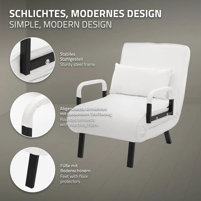 ML-DESIGN | Schlafsessel mit Bettfunktion 186x60 cm aus Stahl/Chenille Weiß Sessel mit Schlaffunktion klappbar Bettsessel Klappsessel Schlafsofa