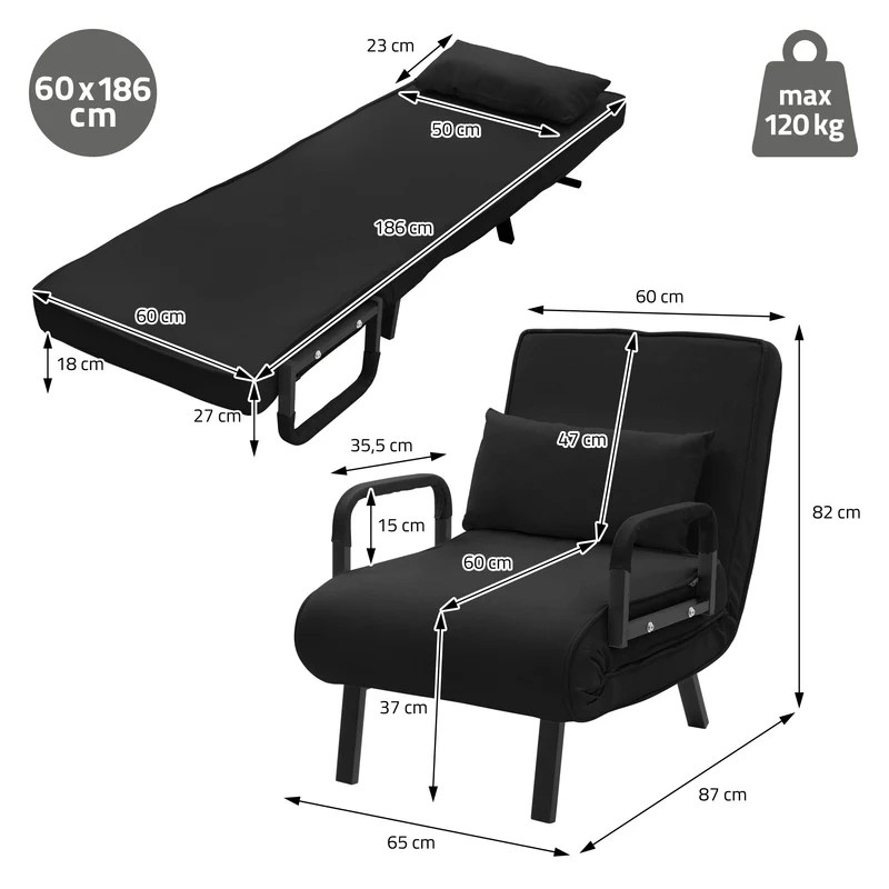 ML-DESIGN | Schlafsessel mit Bettfunktion 186x60 cm aus Stahl/Chenille Schwarz Sessel mit Schlaffunktion klappbar Bettsessel Klappsessel Schlafsofa