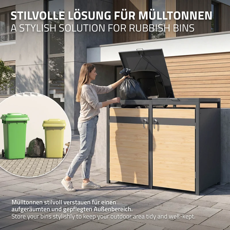 Mülltonnenbox 2er bis 240L 132x80x120 cm aus Stahl in Lärchenoptik ML-Design