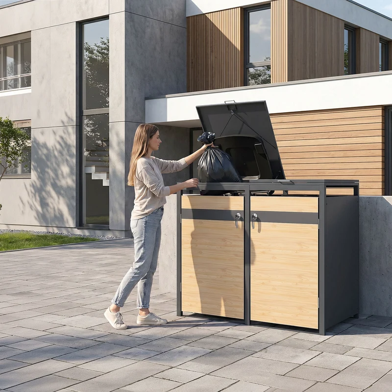 Mülltonnenbox 2er bis 240L 132x80x120 cm aus Stahl in Lärchenoptik ML-Design