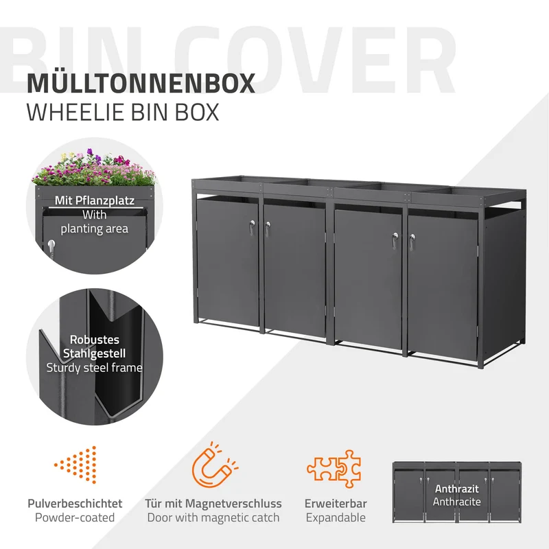 Mülltonnenbox mit Pflanzdach 4er bis 240L 264x80x124 cm aus Stahl in Anthrazit ML-Design
