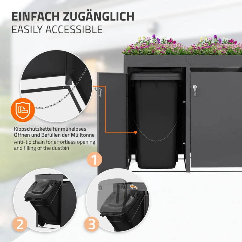 Mülltonnenbox mit Pflanzdach 4er bis 240L 264x80x124 cm aus Stahl in Anthrazit ML-Design