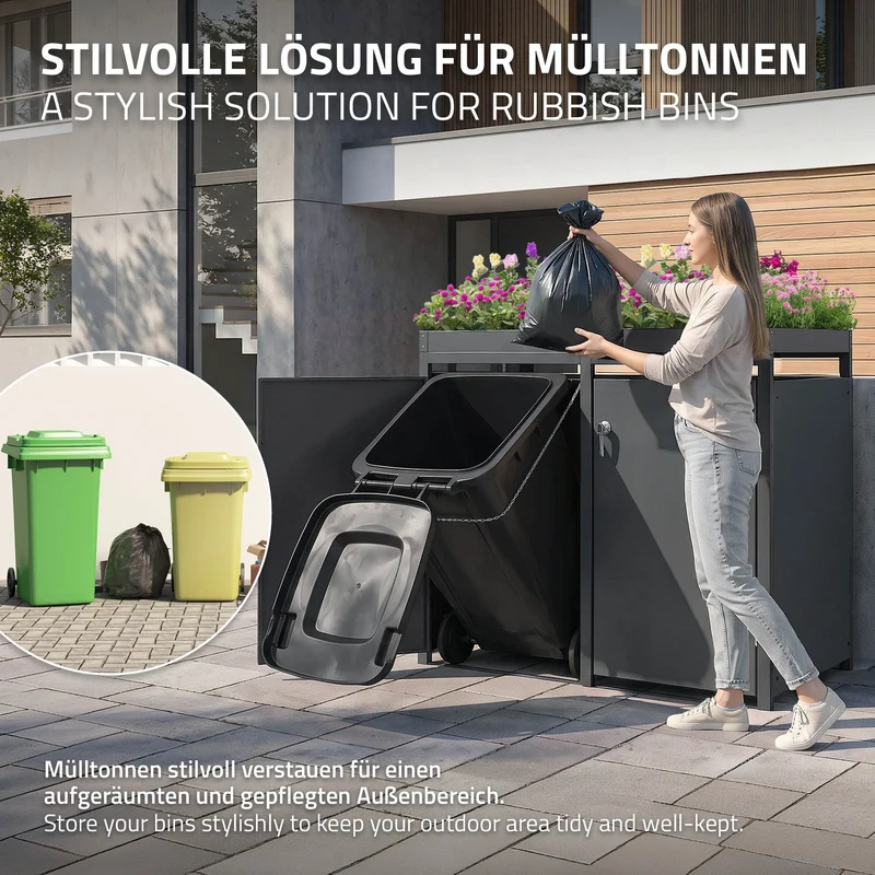 Mülltonnenbox mit Pflanzdach 4er bis 240L 264x80x124 cm aus Stahl in Anthrazit ML-Design