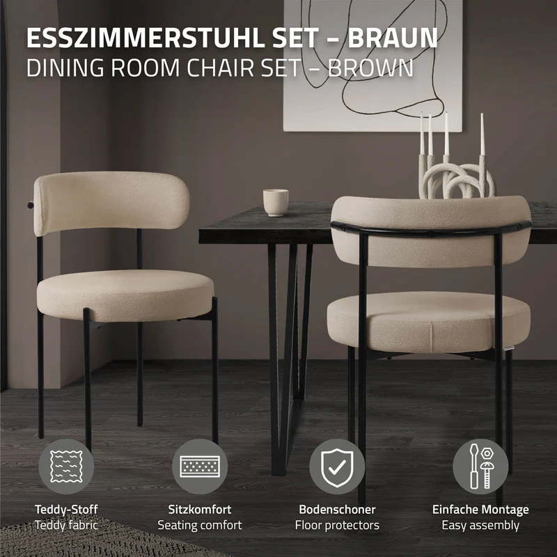Esszimmerstuhl 6er Set mit Teddystoff mit Rückenlehne Braun Küchenstuhl ML-Design