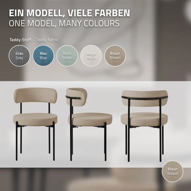 Esszimmerstuhl 6er Set mit Teddystoff mit Rückenlehne Braun Küchenstuhl ML-Design