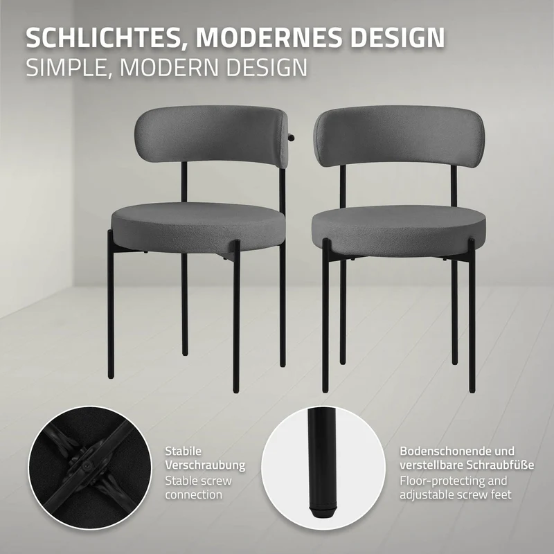 Esszimmerstuhl 4er Set mit Teddystoff mit Rückenlehne Grau Küchenstuhl ML-Design