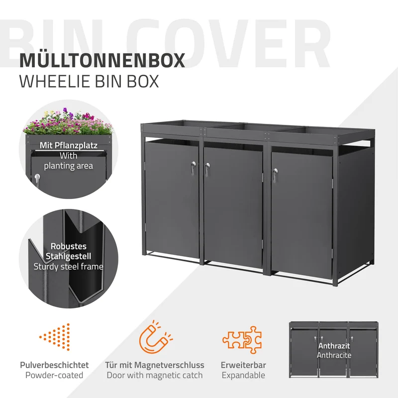 Mülltonnenbox mit Pflanzdach 3er bis 240L 200x80x124 cm aus Stahl in Anthrazit ML-Design