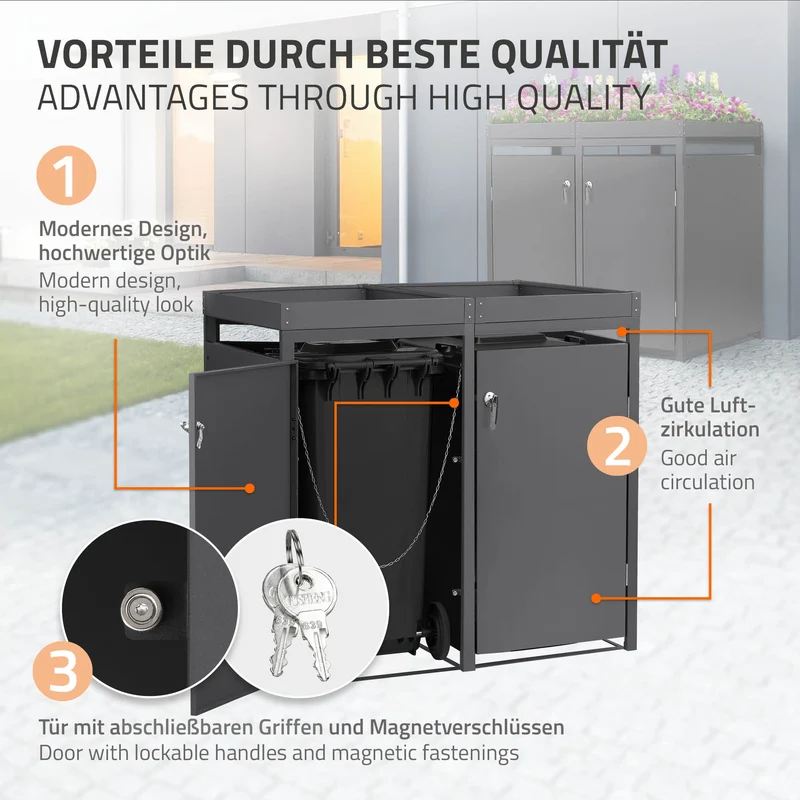 Mülltonnenbox mit Pflanzdach 3er bis 240L 200x80x124 cm aus Stahl in Anthrazit ML-Design