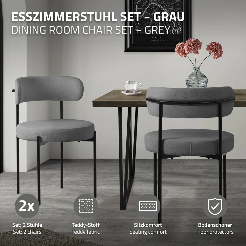 Esszimmerstuhl 2er Set mit Teddystoff mit Rückenlehne Grau Küchenstuhl ML-Design